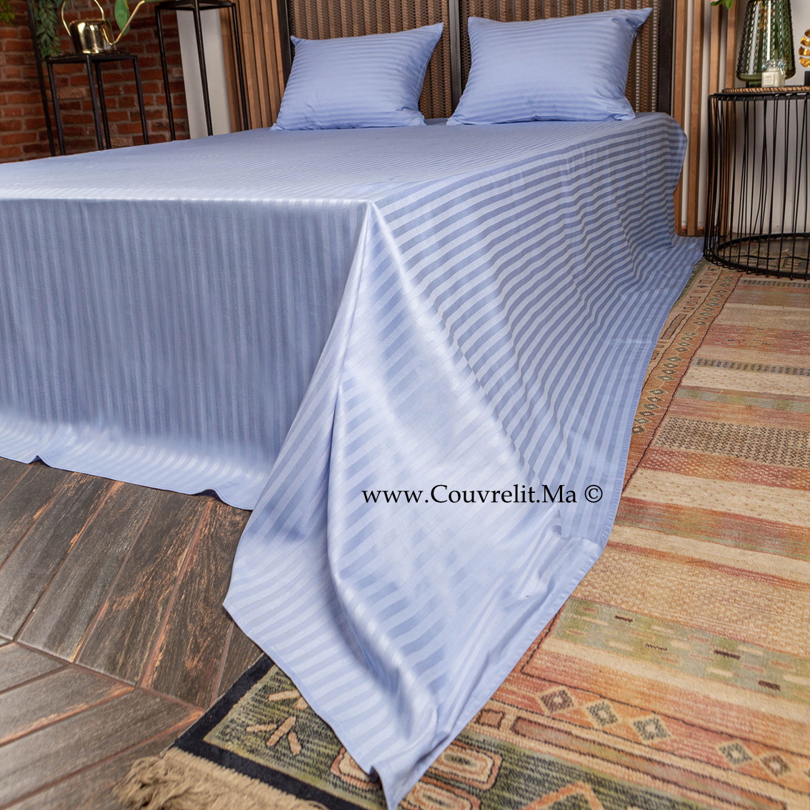 BLEU CIEL Ensemble Housse de couette de Satin rayé 100 % Cotton Ref: CV0170