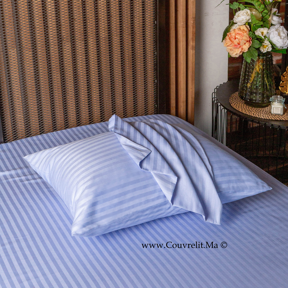 BLEU CIEL Ensemble Housse de couette de Satin rayé 100 % Cotton Ref: CV0170