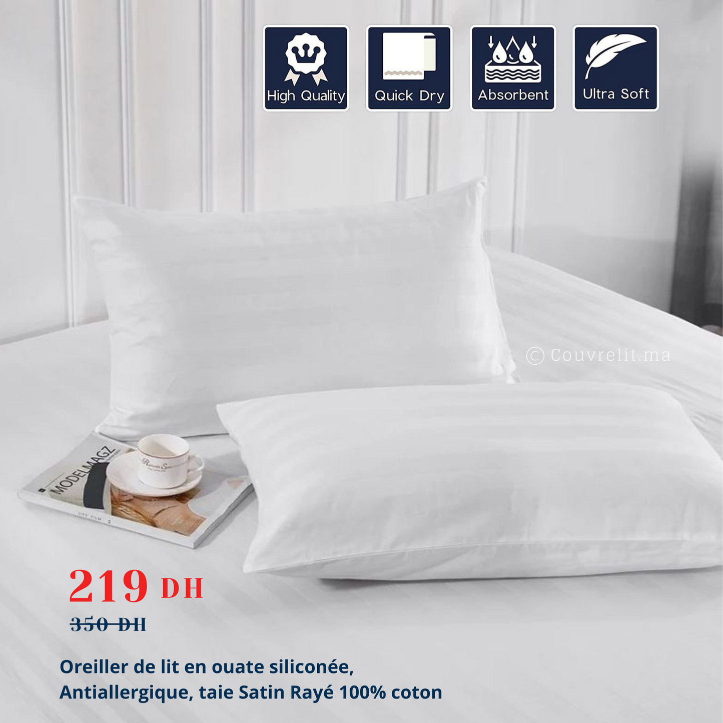 Oreiller de lit en ouate siliconée, Antiallergique, taie Satin Rayé 100% coton