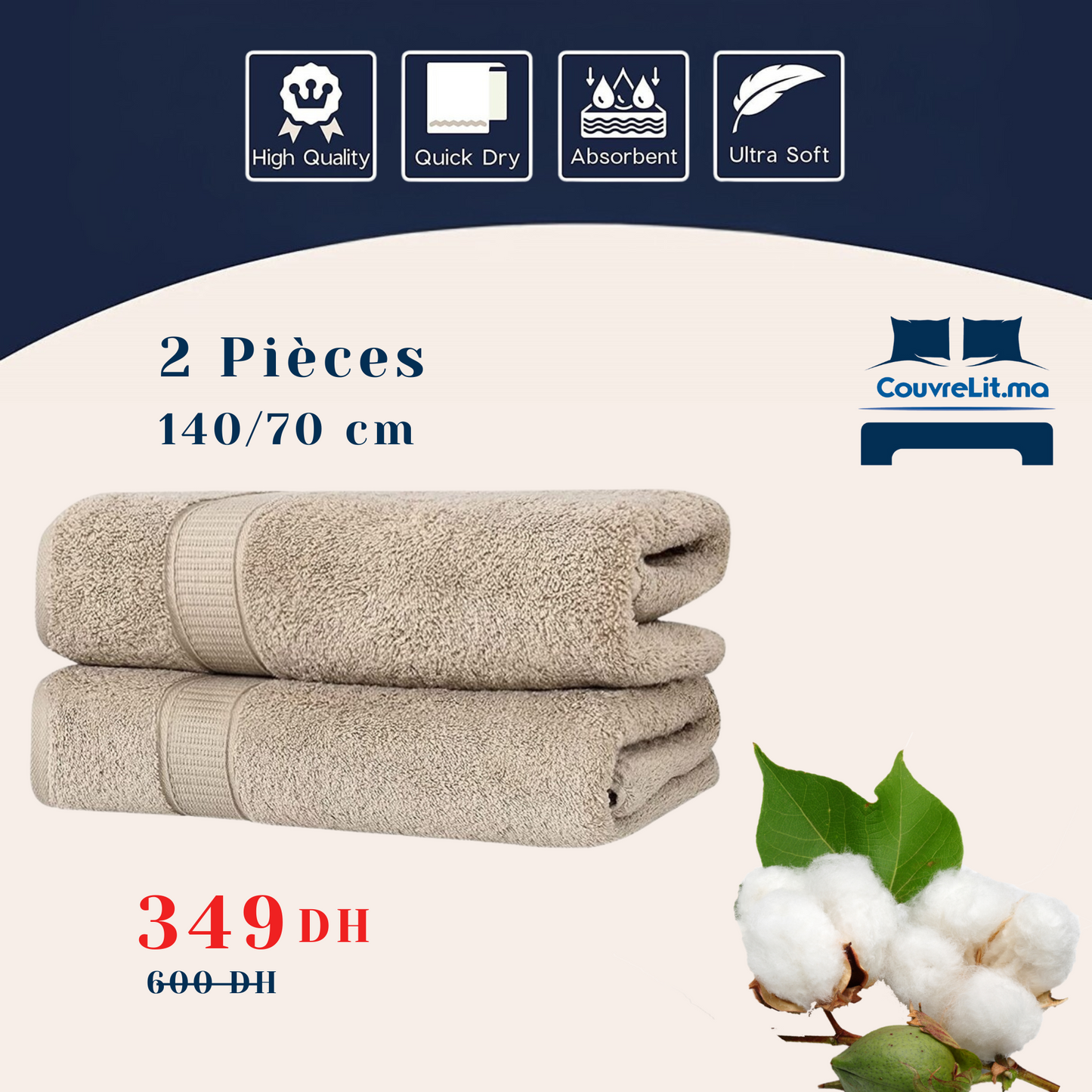 Lot de 2 Serviettes Beige de Qualité Supérieure – 140x70 cm