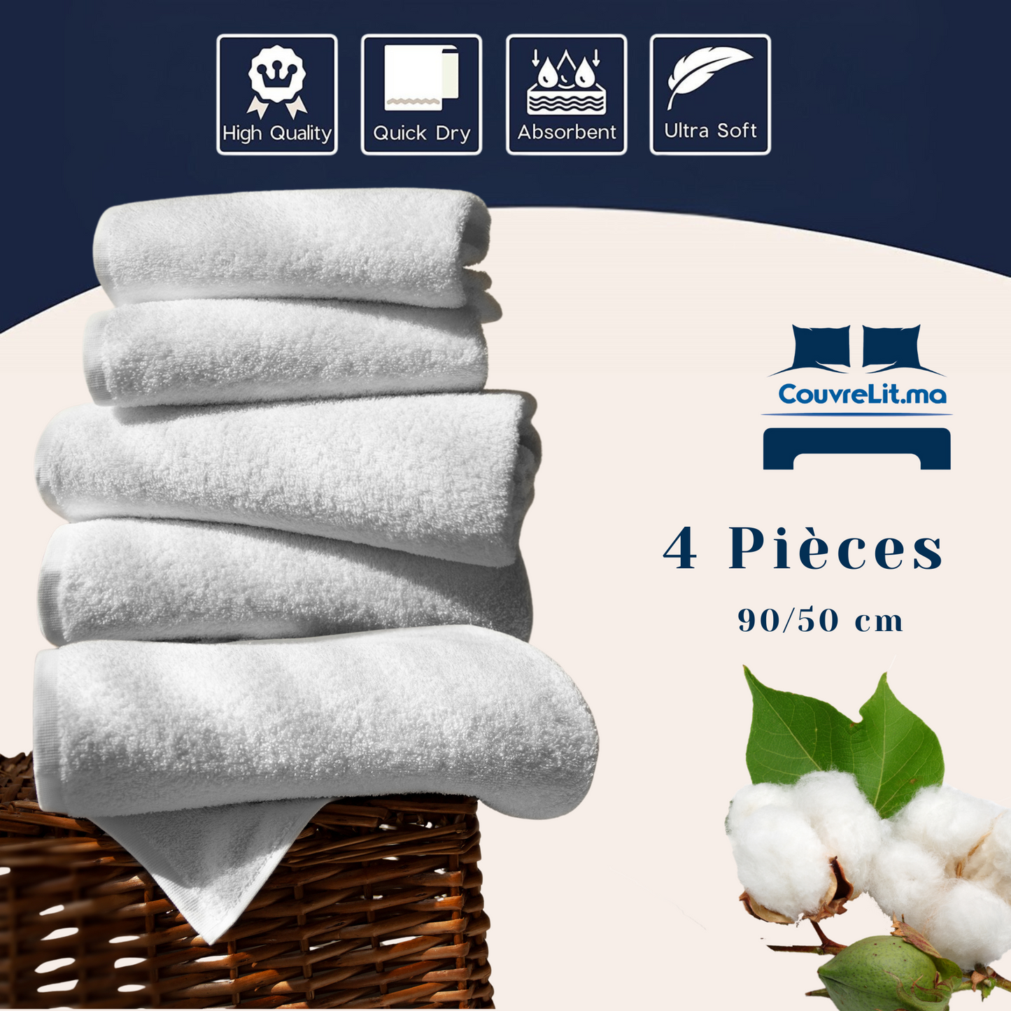 Lot de 4 Serviettes BLANC de Qualité Supérieure – 90x50 cm