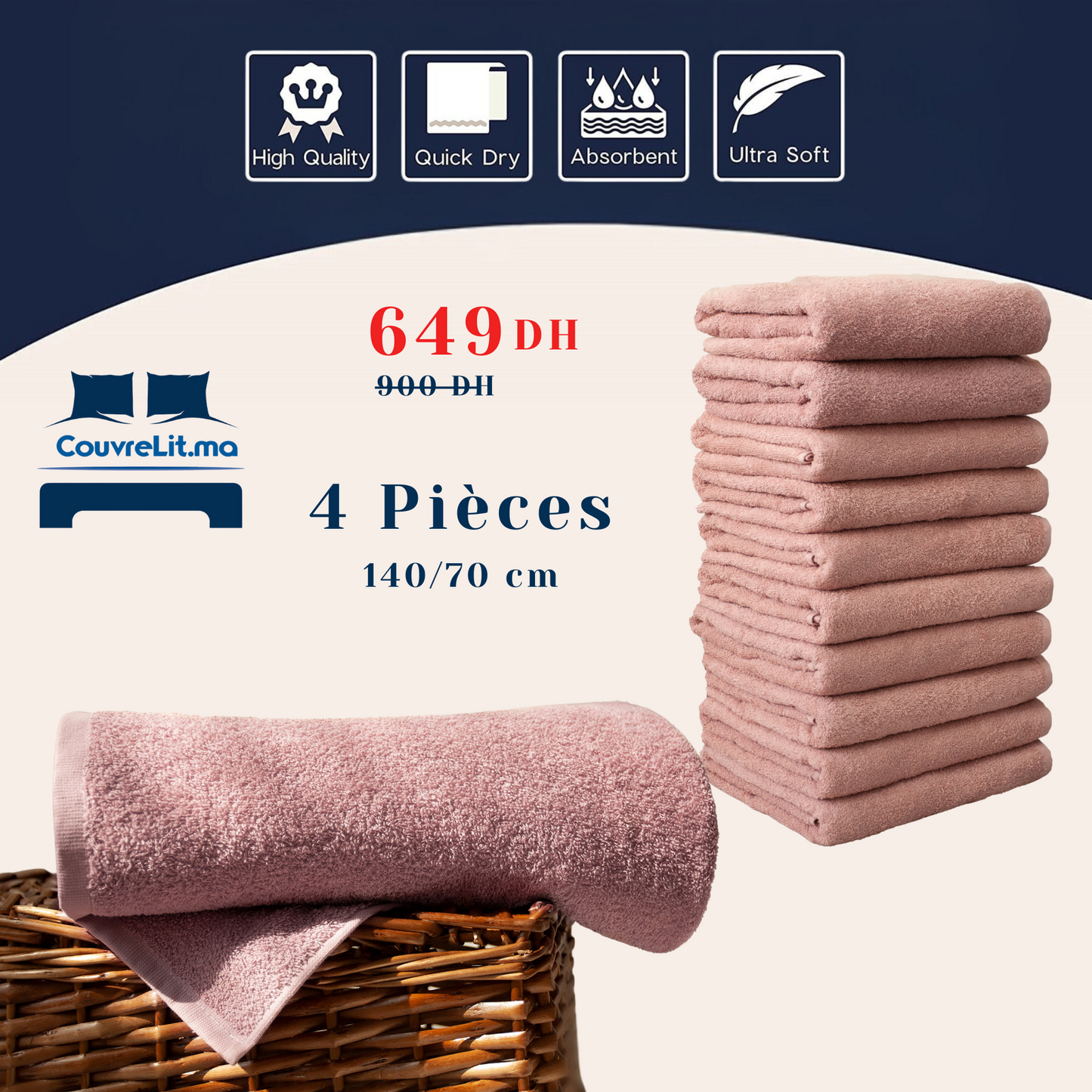 Lot de 4 Serviettes SAUMON de Qualité Supérieure – 140x70 cm