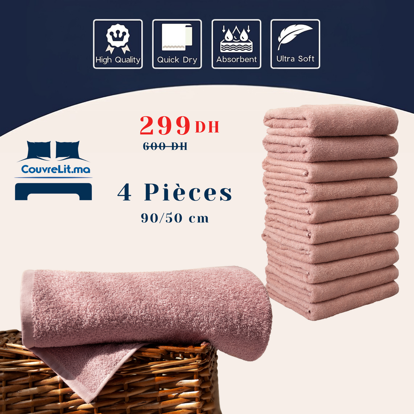 Lot de 4 Serviettes SAUMON de Qualité Supérieure –90x50 cm