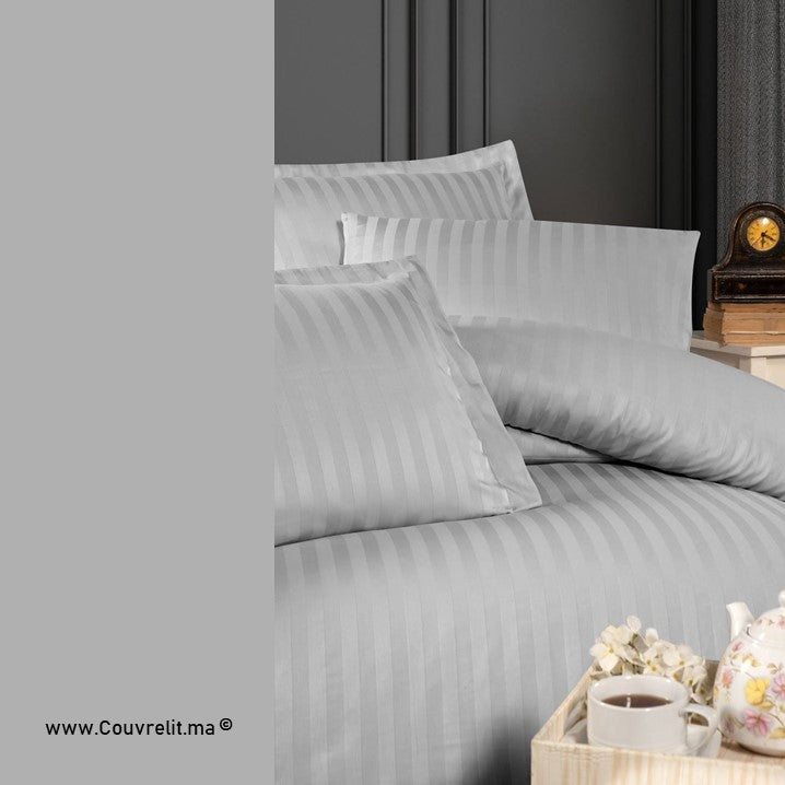 GRIS CLAIR Ensemble Housse de couette de Satin rayé 100 % Cotton Ref: cv00135