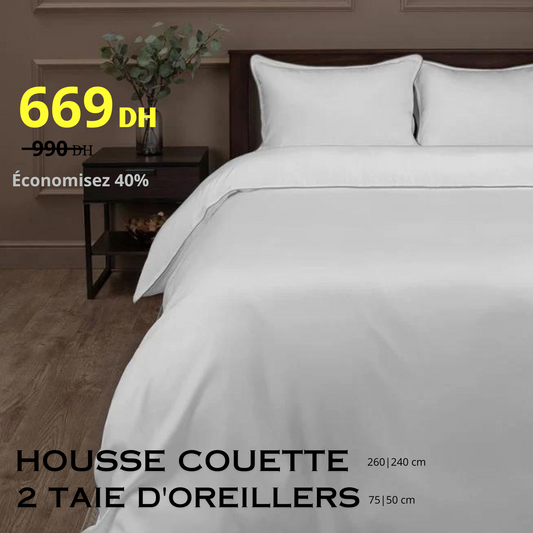 "Satin Blanc avec Passepoil Gris" Housse Couette + 2 Taie D'oreillers en SATIN 100% Cotton