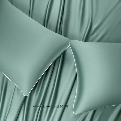 SILK Taie D'oreillers en Soie Avec Band Blanc - VERT EAUX