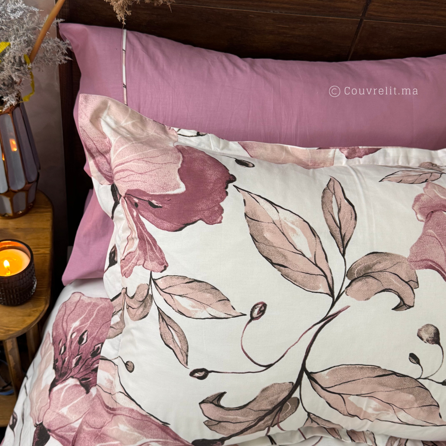 “Pétale Mauve” Ensemble Parure de Lit Complète 100% Cotton, REF: CVM00324