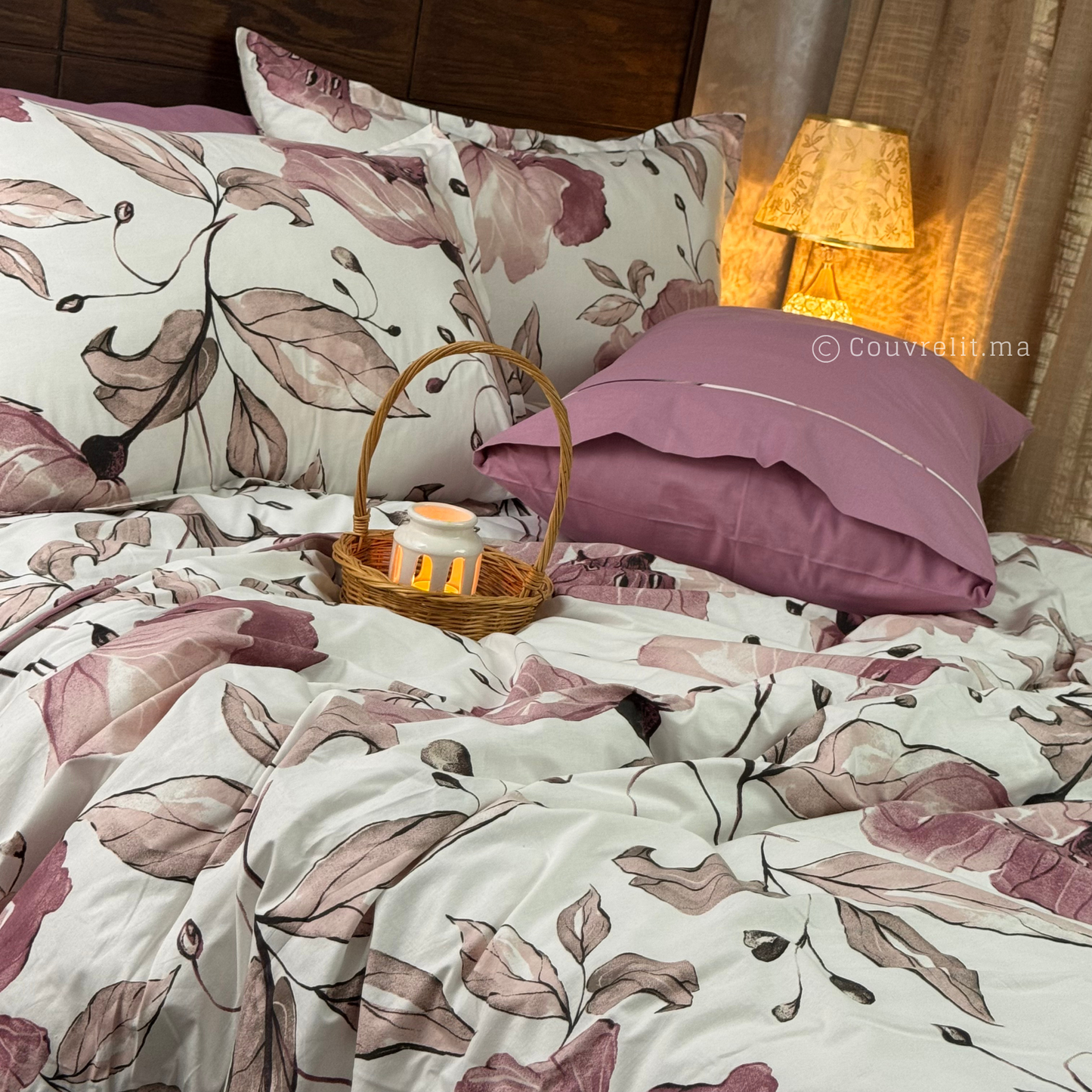 “Pétale Mauve” Ensemble Parure de Lit Complète 100% Cotton, REF: CVM00324