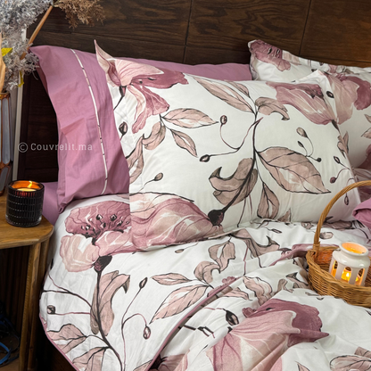 “Pétale Mauve” Ensemble Parure de Lit Complète 100% Cotton, REF: CVM00324
