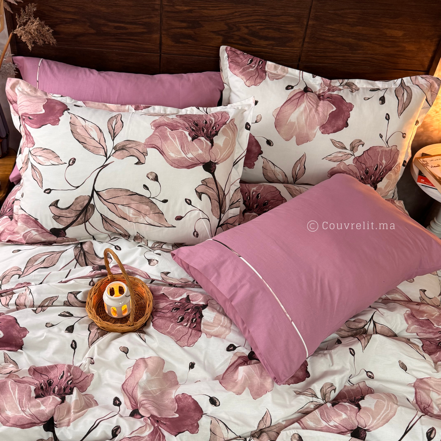 “Pétale Mauve” Ensemble Parure de Lit Complète 100% Cotton, REF: CVM00324
