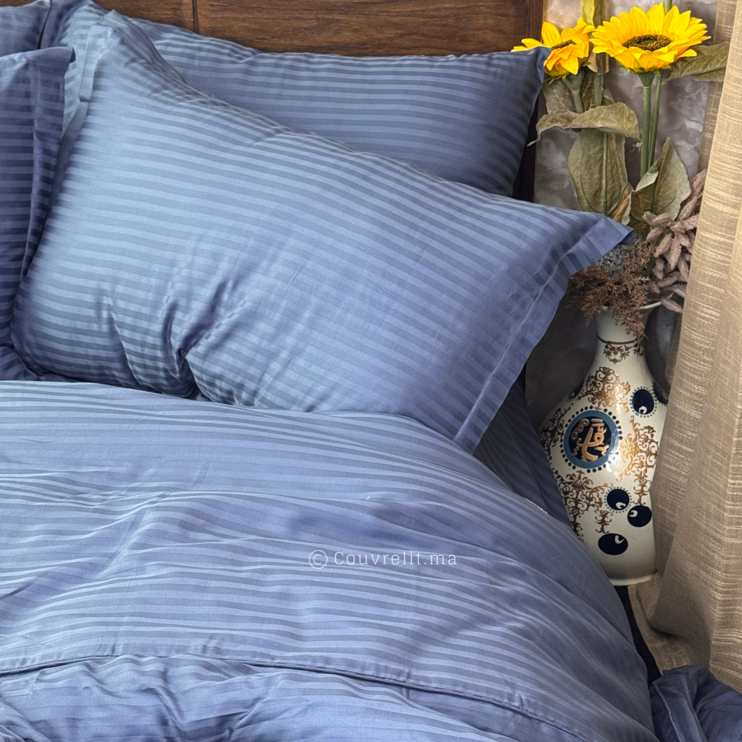 BLEU  - Ensemble Housse de couette de Satin rayé 100 % Cotton Ref: CV00285