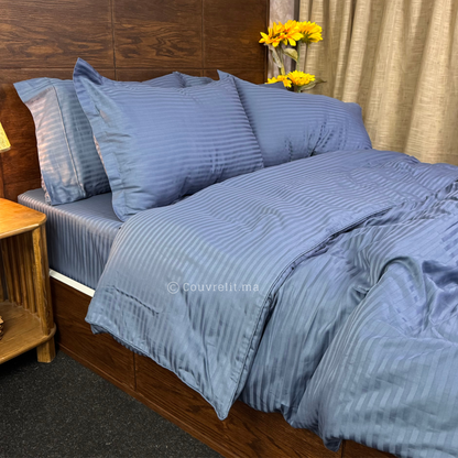 BLEU  - Ensemble Housse de couette de Satin rayé 100 % Cotton Ref: CV00285