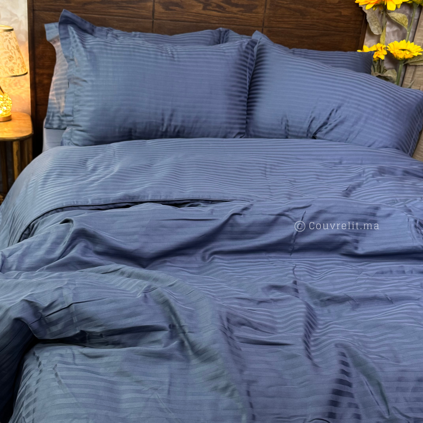 BLEU  - Ensemble Housse de couette de Satin rayé 100 % Cotton Ref: CV00285