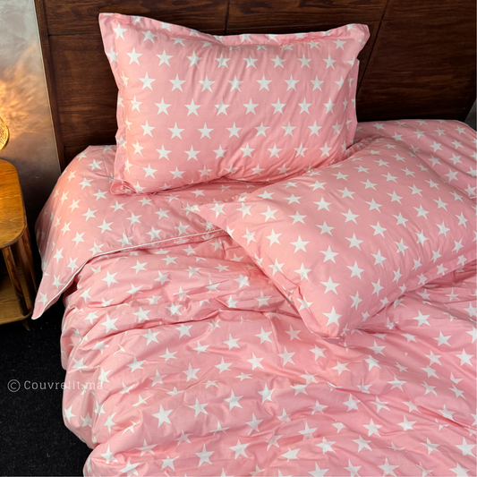 "Étoiles Roses" Parure de Lit Couverlit, pack complet  pour lit 1 place REF: CVK00287
