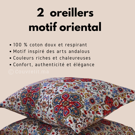 oreillers à motif oriental, 2 Piéces, taie 100% coton - Ref: OR0111