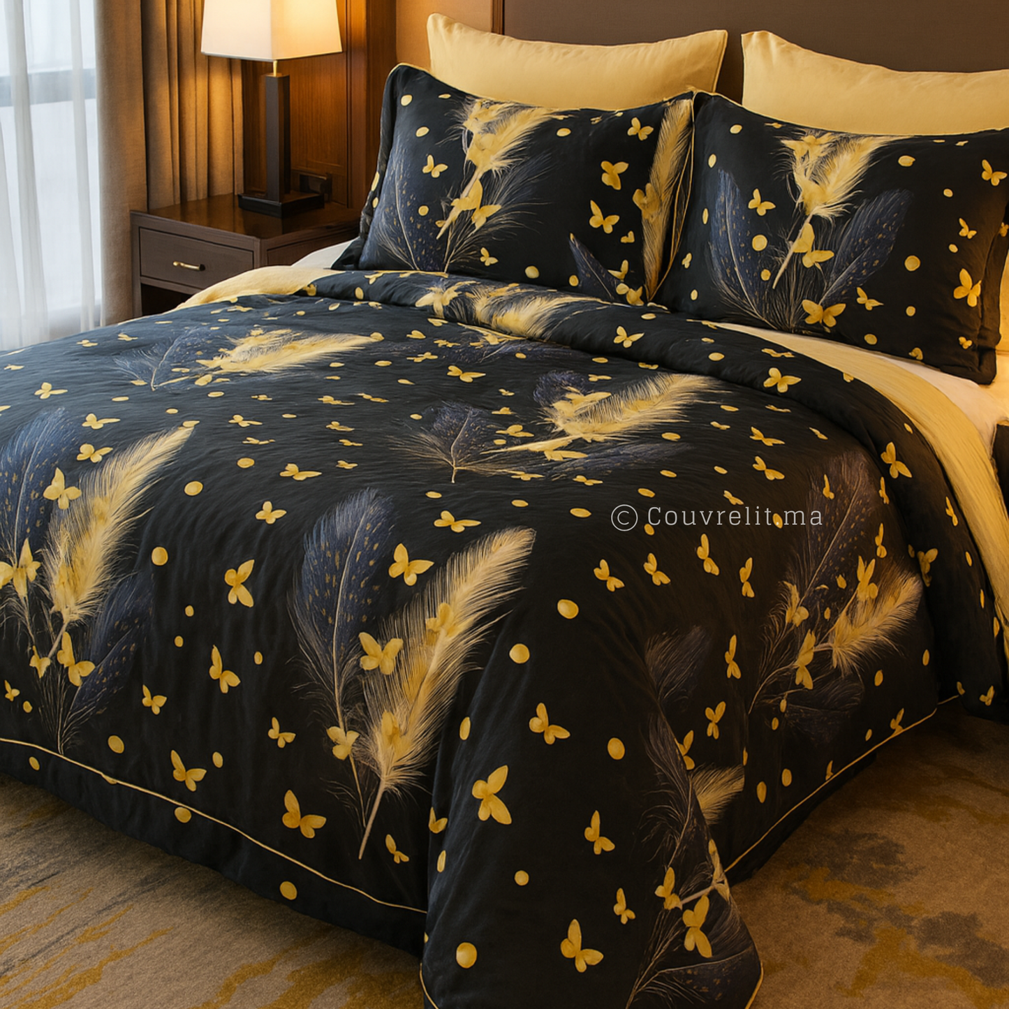 "Plumes d’Or" Ensemble parure Satin motif 100% coton  REF: SAT00335