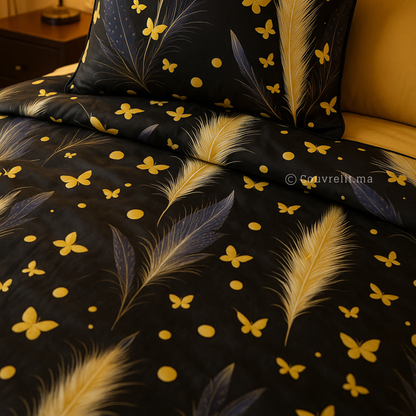 "Plumes d’Or" Ensemble parure Satin motif 100% coton  REF: SAT00335