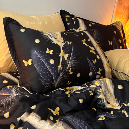 "Plumes d’Or" Ensemble parure Satin motif 100% coton  REF: SAT00335