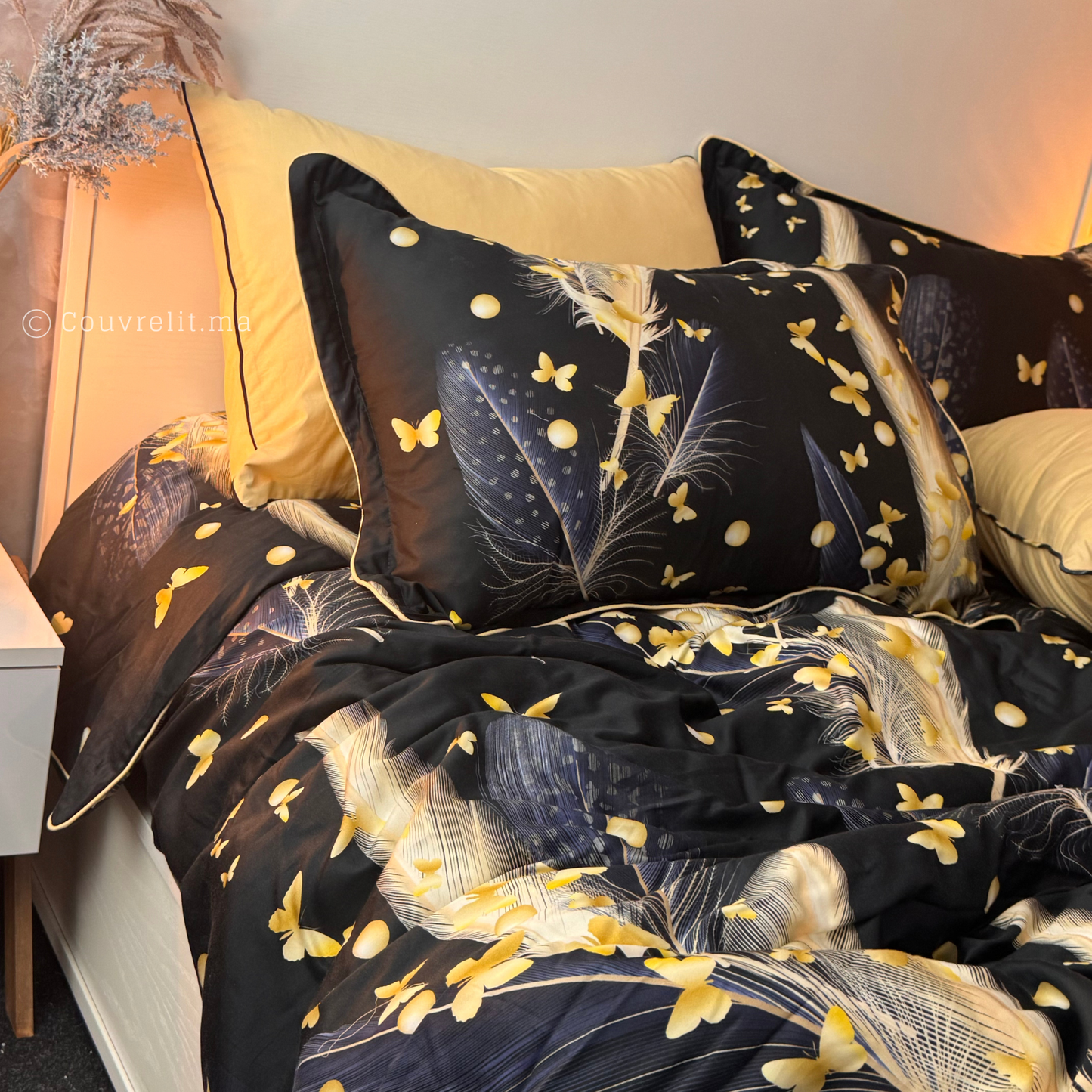 "Plumes d’Or" Ensemble parure Satin motif 100% coton  REF: SAT00335