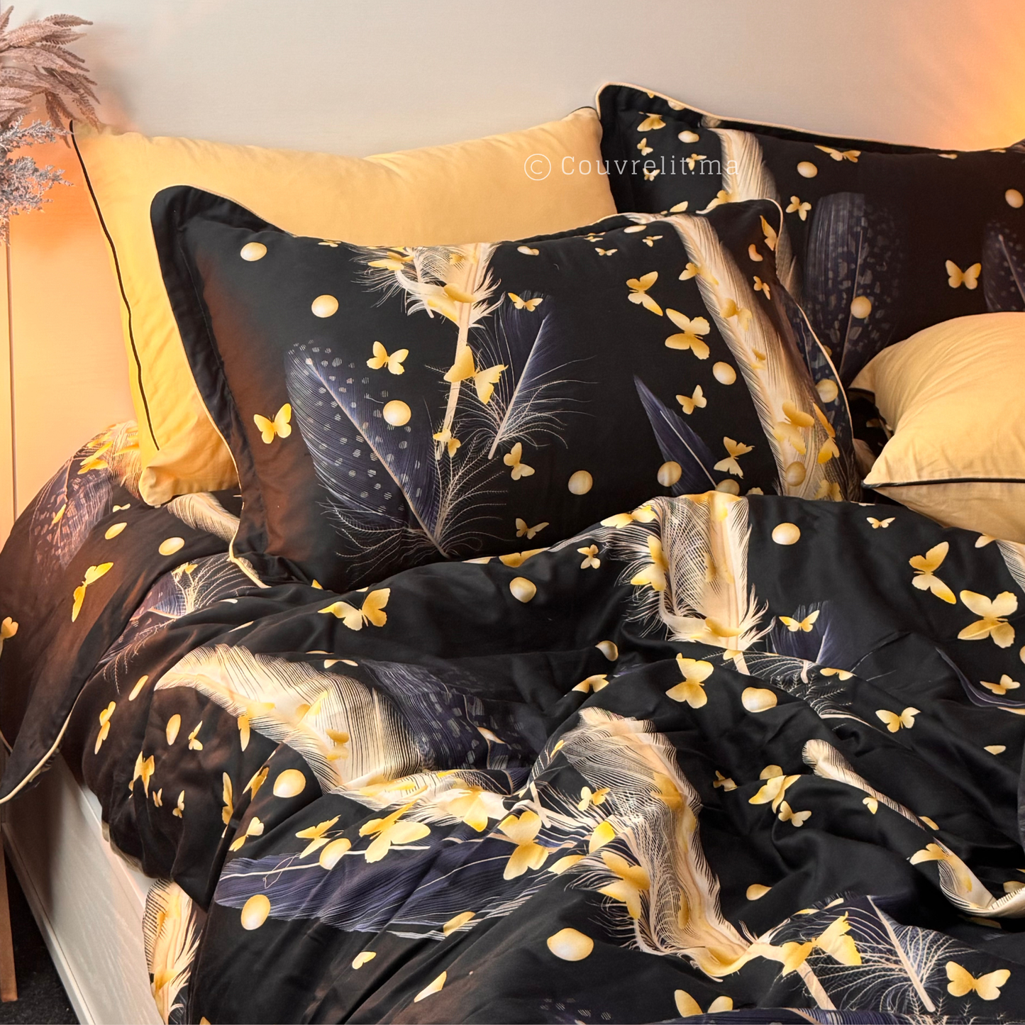 "Plumes d’Or" Ensemble parure Satin motif 100% coton  REF: SAT00335