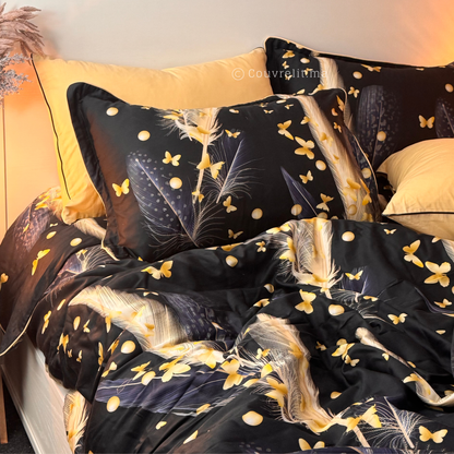 "Plumes d’Or" Ensemble parure Satin motif 100% coton  REF: SAT00335