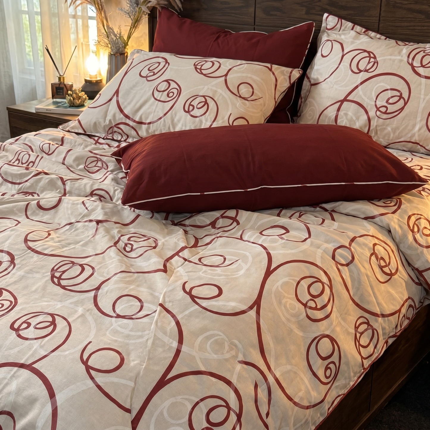 "Courbes Harmonie Grenat" Ensemble housse de couette – Collection Luxe Maison    REF: CVM00333