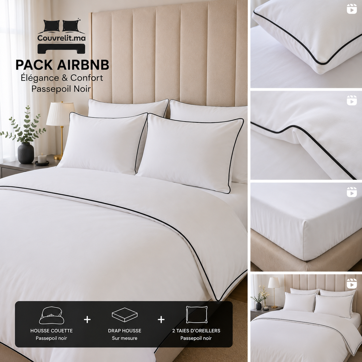 "Pack AIRBNB" Parure de Lit 4 pièces en 100% COTTON  Ref: CV0146