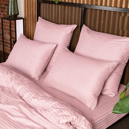 ROSE CLAIR - Ensemble Housse de couette de Satin rayé 100 % Cotton Ref: CV0170