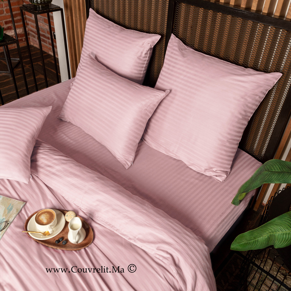 ROSE CLAIR - Ensemble Housse de couette de Satin rayé 100 % Cotton Ref: CV0170