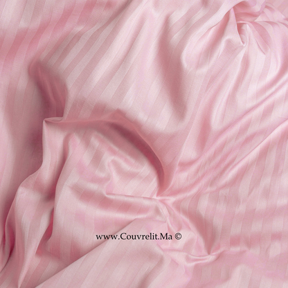 ROSE CLAIR - Ensemble Housse de couette de Satin rayé 100 % Cotton Ref: CV0170