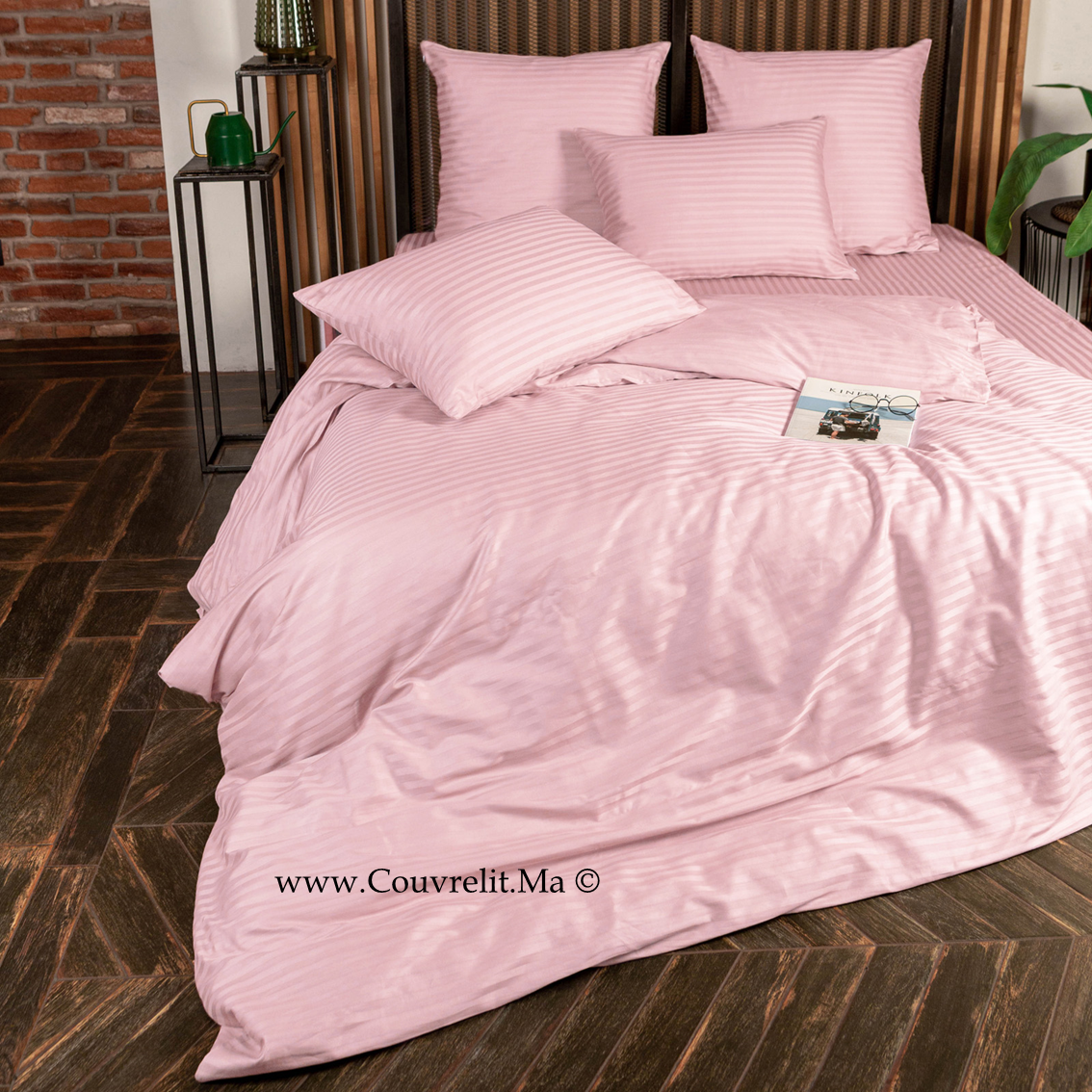 ROSE CLAIR - Ensemble Housse de couette de Satin rayé 100 % Cotton Ref: CV0170
