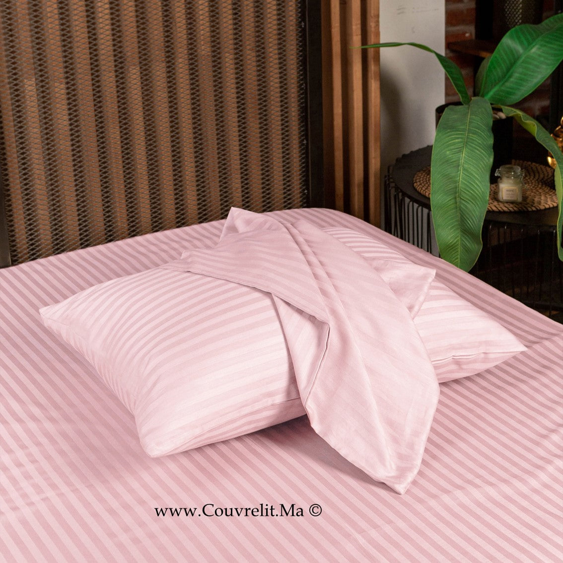 ROSE CLAIR - Ensemble Housse de couette de Satin rayé 100 % Cotton Ref: CV0170