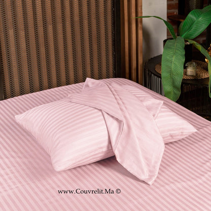 ROSE CLAIR - Ensemble Housse de couette de Satin rayé 100 % Cotton Ref: CV0170