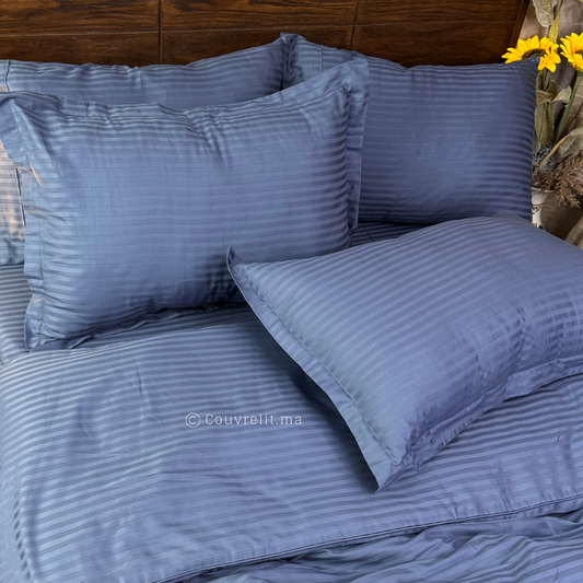 BLEU  - Ensemble Housse de couette de Satin rayé 100 % Cotton Ref: CV00285
